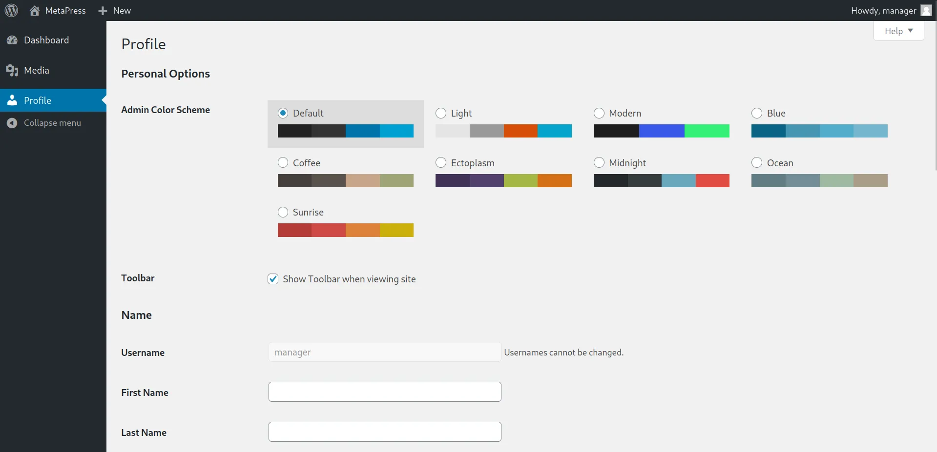 WP Admin panel